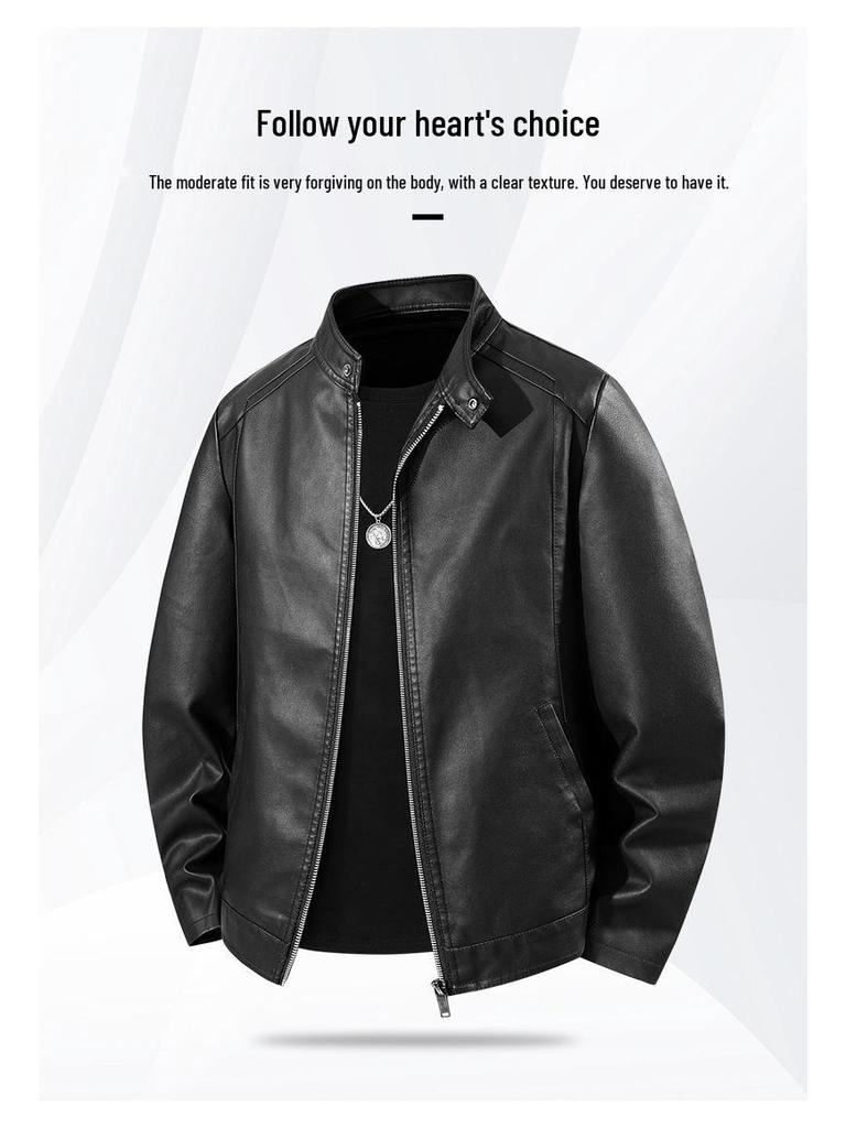 Men's Trendy Versatile PU Leather Motorcycle Jacket with Stand Collar for Autumn and Winter