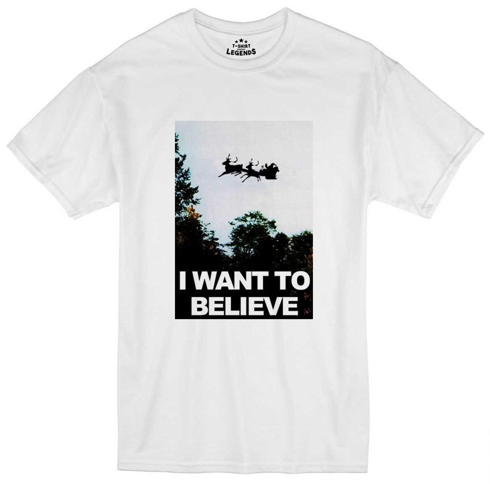 Funny Christmas T Shirt I Want To Believe Parody UFO Xmas Santa Tee 3XL