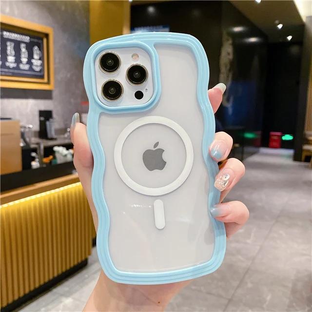 For iPhone 14 Pro Max Luxury Magsafe Magnetic Candy Wavy Lines Phone Case iPhone 15 11 12 13 14Plus Soft Frame Protective Cover