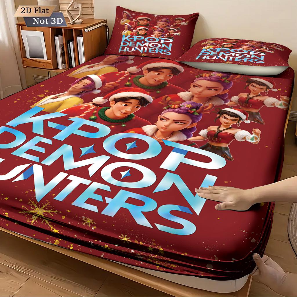 3 Christmas K-Pop Demon Hunters Print coreless Bed Sheet Set Multiple Size Bedcover Bedroom Bedding Decoration Machine Washable