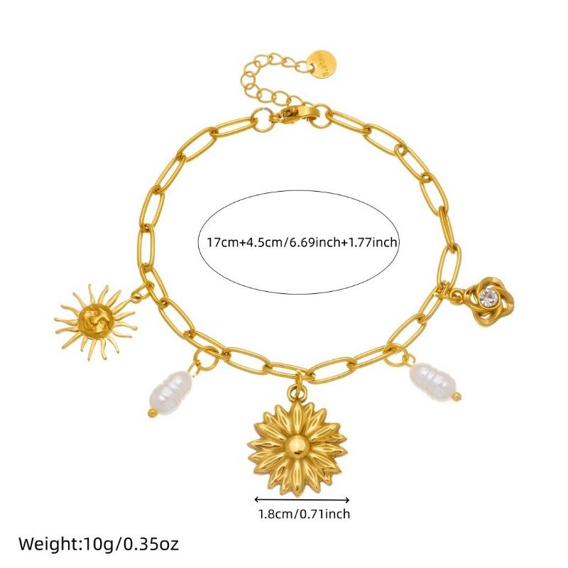 Gold Sunflower Sun Charm Bracelet with Pearl
