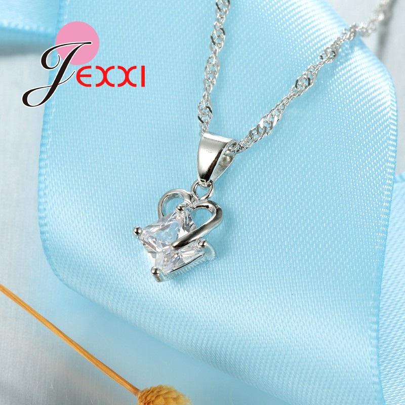 Fast Shipping Top Quality Women 925 Sterling Silver Bridal Romantic Heart Square Crystal Pendant Necklace Earrings Jewelry Set