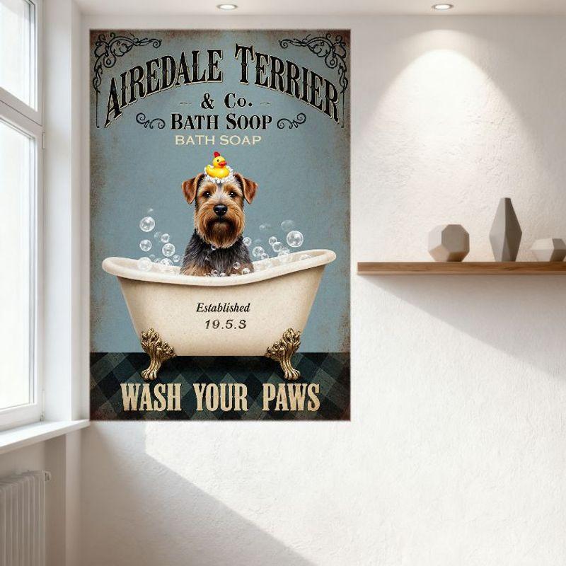 Vintage Airedale Terrier & Co. Bath Soap Metal Sign, Retro Clawfoot Tub with Soapy Bubbles Tin Sign for Home Bar Pub Wall Decor