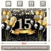 1 piece of 2D flat banner, 15th birthday background, black and gold birthday party decoration, glittering balloon background