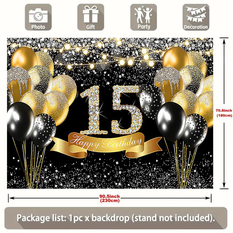 1 piece of 2D flat banner, 15th birthday background, black and gold birthday party decoration, glittering balloon background