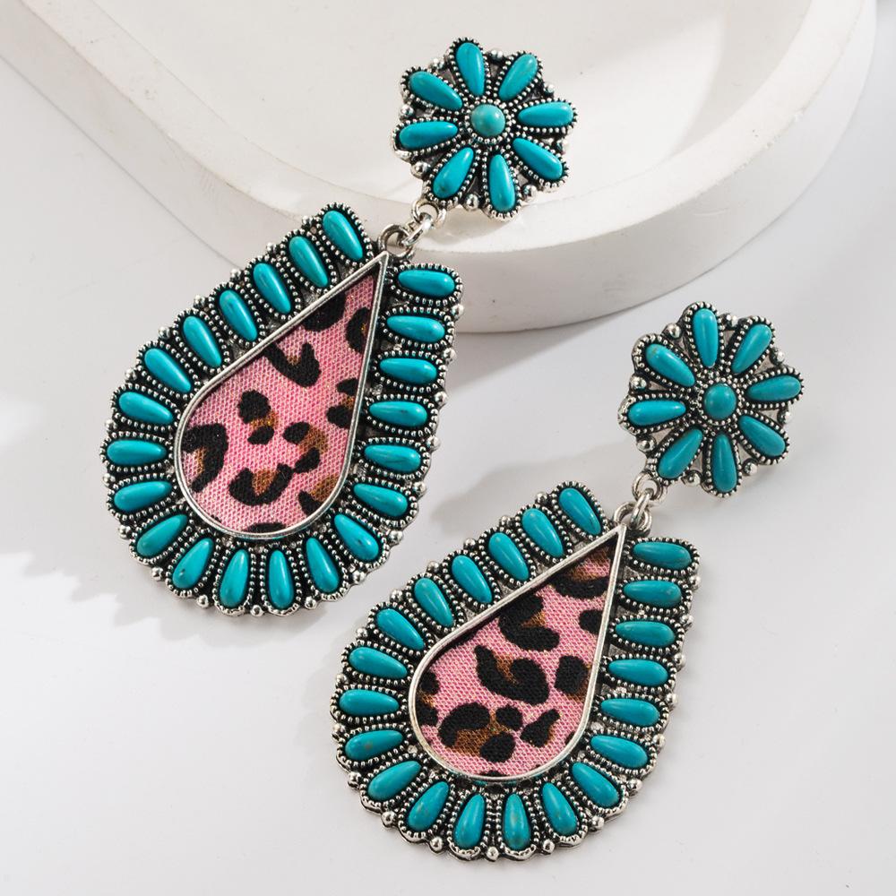 Ethnic style earrings retro court style with turquoise leopard print leather exaggerated personality earrings