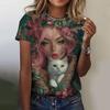 3D Printed Cartoon Style Floral Kitten Girl Pattern Women's T-shirt Summer Casual Round Neck Top Short Sleeve Loose T-shirt