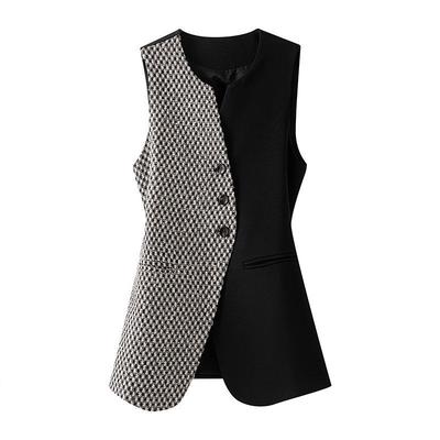 Elegant Women's Long Vest Sleeveless Collar Contrast Color Slim Fit Waistcoat Autumn Spring Fashion Outwear
