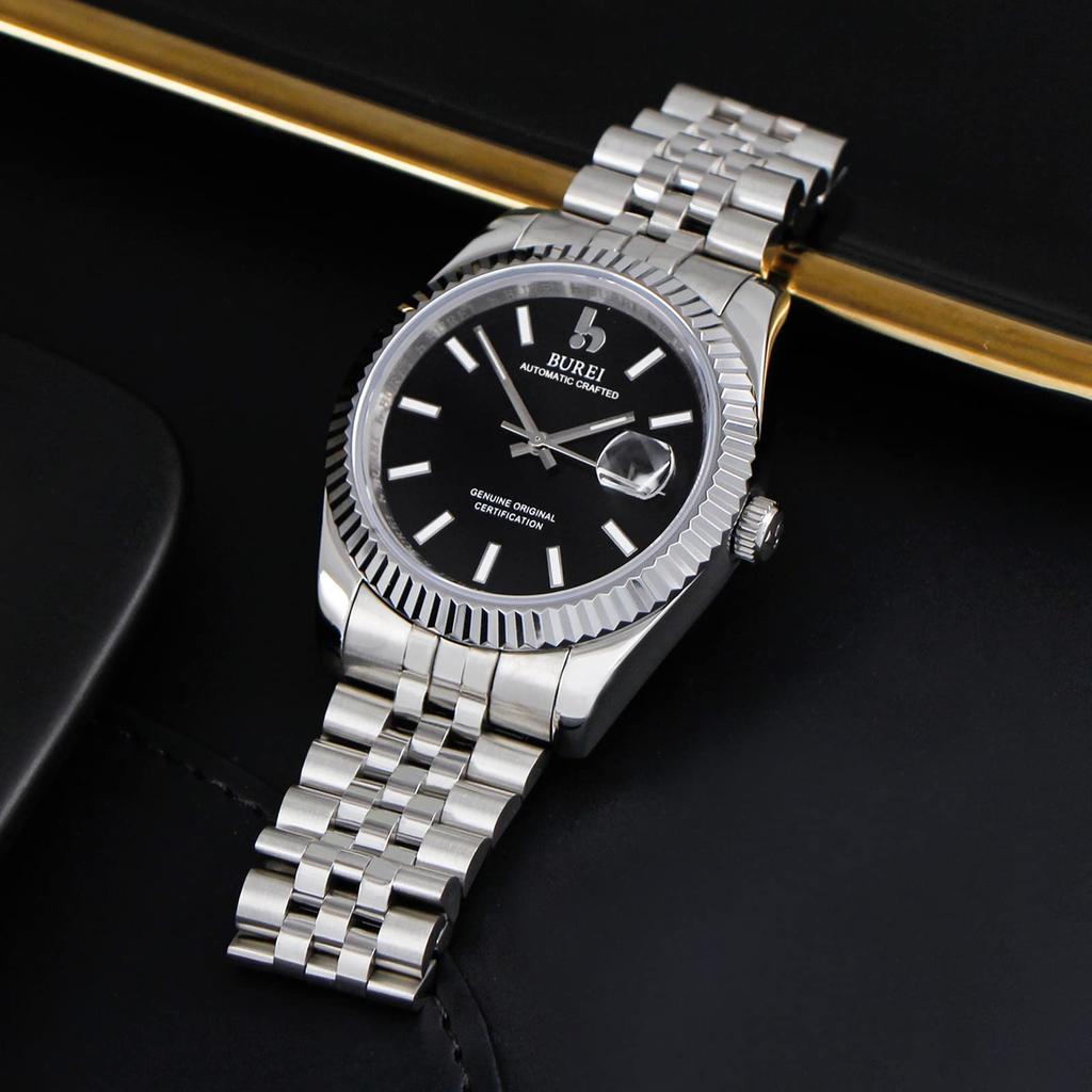 BUREI Men's Automatic Watch Waterproof Analog Mechanical Male Popular Business Date Brand Wristwatch Simple Casual Luminous Watch (black)