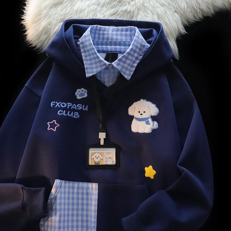 

Women Dog Embroidered Fake Two Piece Hoodie American Blue Plaid Lapel Hooded Sweatshirt Autumn Loose Versatile Lady Top M темно-синий