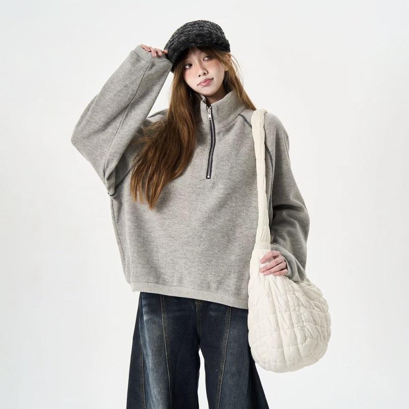 Autumn Winter Stand Collar Loose Casual Zipper Sweatshirt Women Vintage Simple All-match Pullovers Top