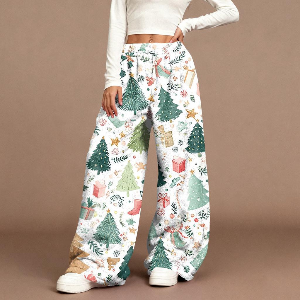 Women's Casual Fashion Christmas Print Elastic Waist Loose Plush Wide Leg Pants