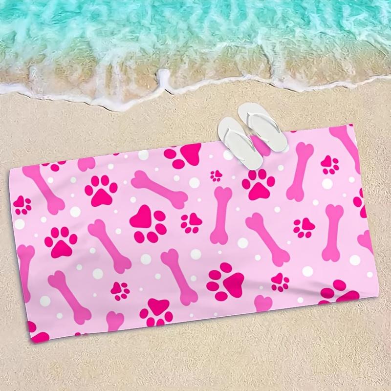 Dog Bone Paw Print Pink Beach Towel, Pet Themed Quick Dry Soft Absorbent Microfiber for Beach Camping Outdoor Gift