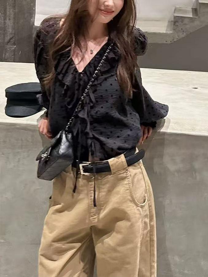 Romantic Polka Dot Ruffled Chiffon Shirt – Black Puff Sleeve Women s Top for Autumn Medium чёрный