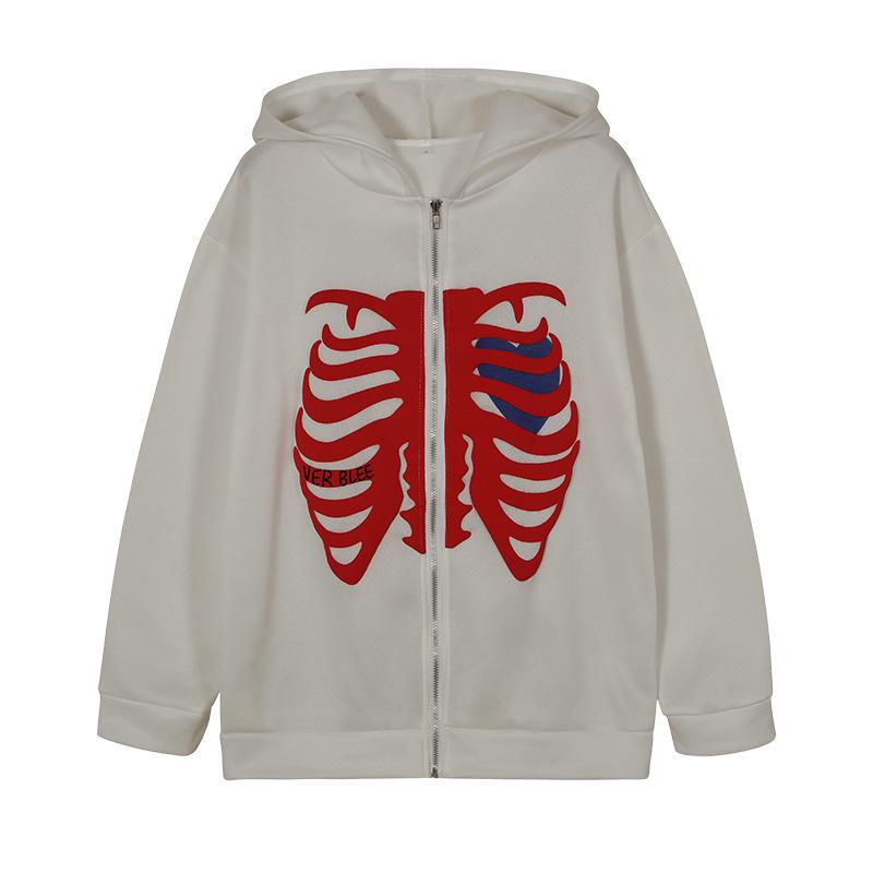 Women's Loose Skull Print Hooded Cardigan Sweatshirt with Zipper - Autumn/Winter Trendy Long-Sleeved Jacket