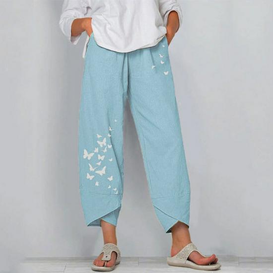European & American Summer Casual Loose Cotton Linen Butterfly Print Wide-Leg Pants for Women 3199
