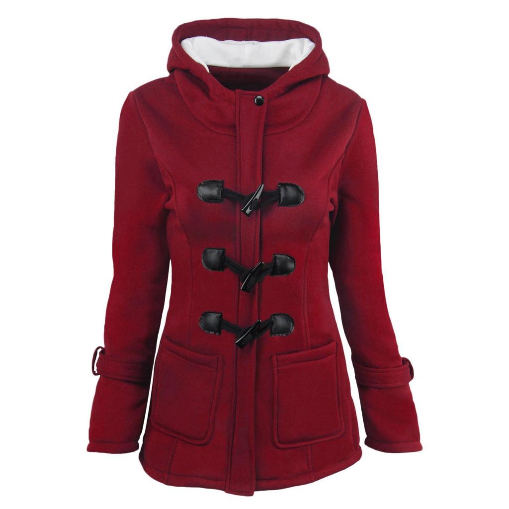 Frauen einfarbig Horn Knöpfe Strickjacke gepolsterte Kapuze Mantel Jacke Mantel