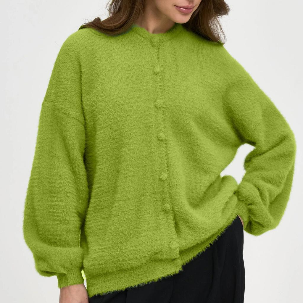 Damen Weicher Dehnbarer Cardigan Pullover Rundhalsausschnitt Langarm Knopfleiste Pullover für Damen Lockerer Sitz Cardigan Pullover Lässig Flauschige Gestrickte Jacken