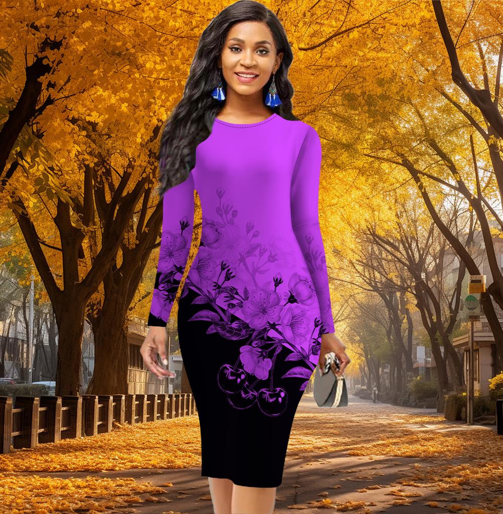 Long Sleeve Waist Tight Office Slim Fit Color Blocking Peach Blossom Printing Elegant Bodycon Dress