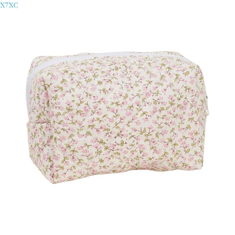 

X7XC Fashionable Large Quilted Floral Makeup Holder Cotton Fabric Easy to Clean розовый