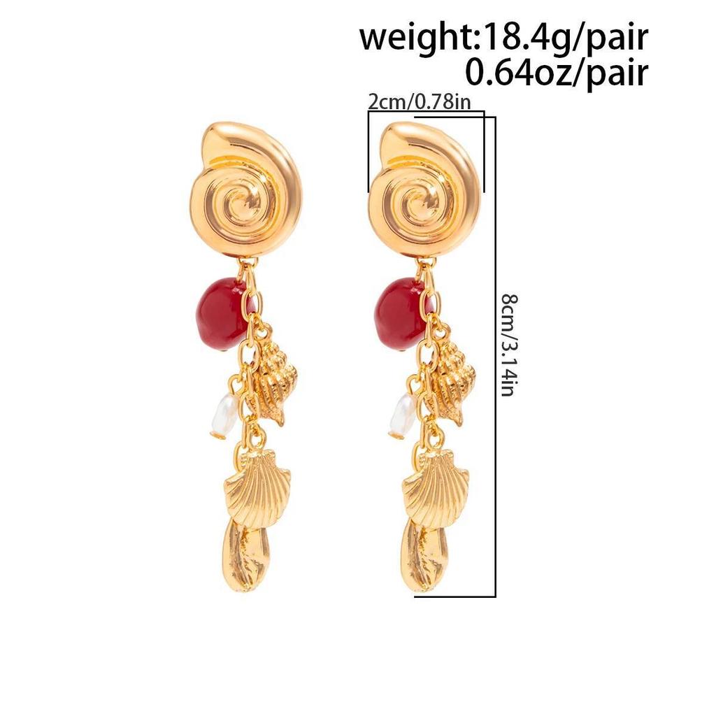 Salircon 1 Pairs Boho Metal Conch Drop Earrings Women Summer Imitation Pearl Resin Beads Tassel Piercing Ear Accessories Jewelry
