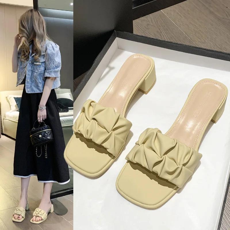 Pantofi Papuci de damă Toc pătrat Papuci Femei Med Lux Diapozitive Vară Bloc Designer Roma Sandale PU Tocuri copită