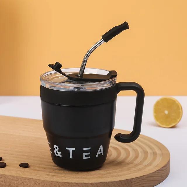 Straw Covered Coffee Cup 480ml Stainless Steel Insulated Cup Hot Beverage Cup Milk Cup Afternoon Tea Cup Office Portable Bottle