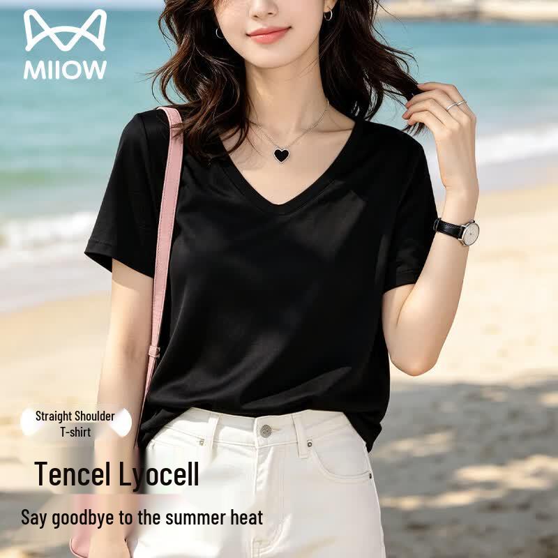 Women s Relaxed Fit Tencel Lyocell V-Neck Short Sleeve T-Shirt M чёрный