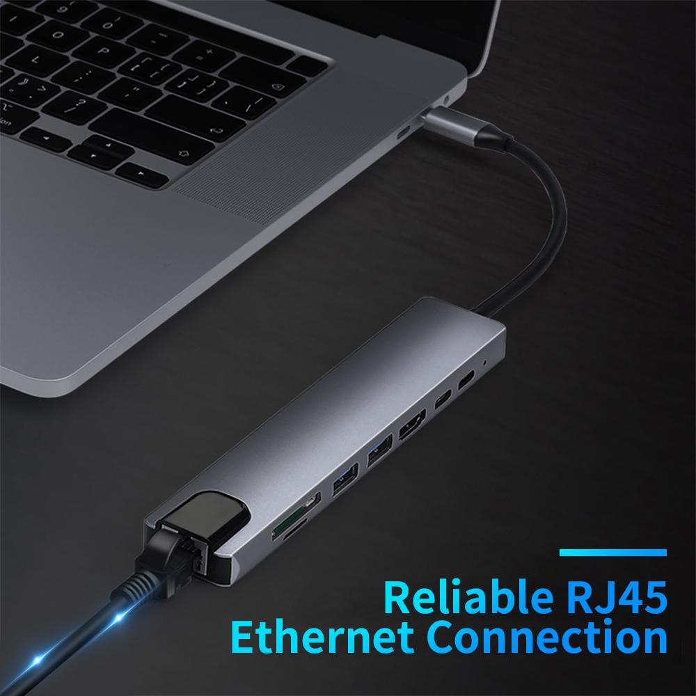 8-in-1 Multi-Function USB C Hub with 4K USB-C to for HDMI Ethernet 3 USB 3.0 Ports and TF Card Reader Adapter Stock Available