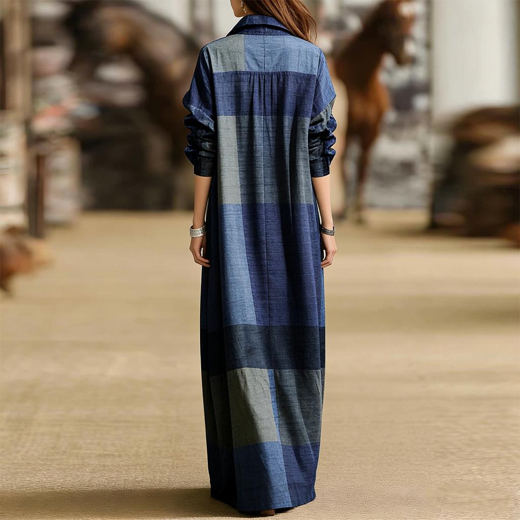 Ladies' Elegant Long Sleeved Plaid Shirt Dress Fashionable Plaid Shirt Collar Dress