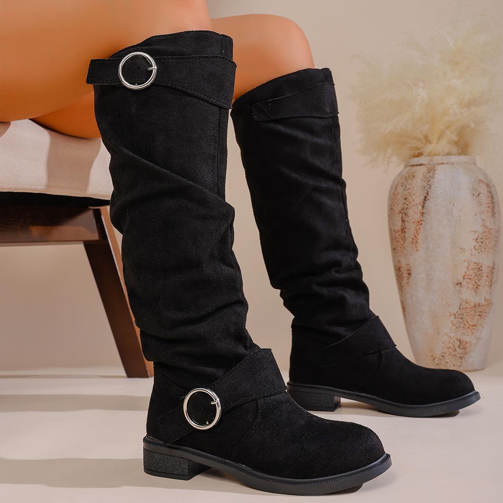 Fashion Women Ankle Boots Belt Buckle Cotton Shoes Women Autumn Winter Thick Heel Long Boots Western Style Pleated Flat Boots Women