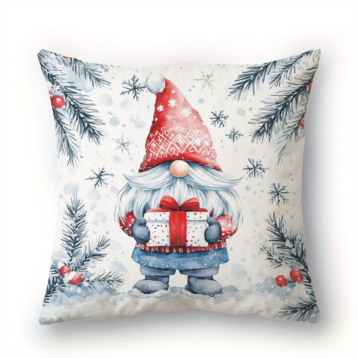 4pc Christmas Pillow Cover Festive Gnome with Gift Box & Snowflakes Design, 18x18 Inch Polyester Decorative Pillowcase 4PCS