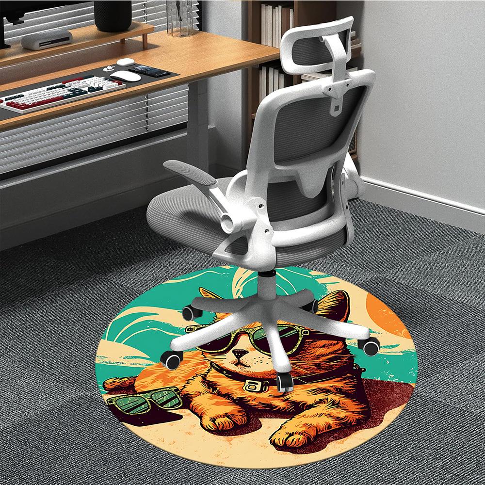 1pc Sunglasses Beach Cat Office Round Area Rug, Under Office Chairs Bedroom Living Room Home Decor, Room Deco