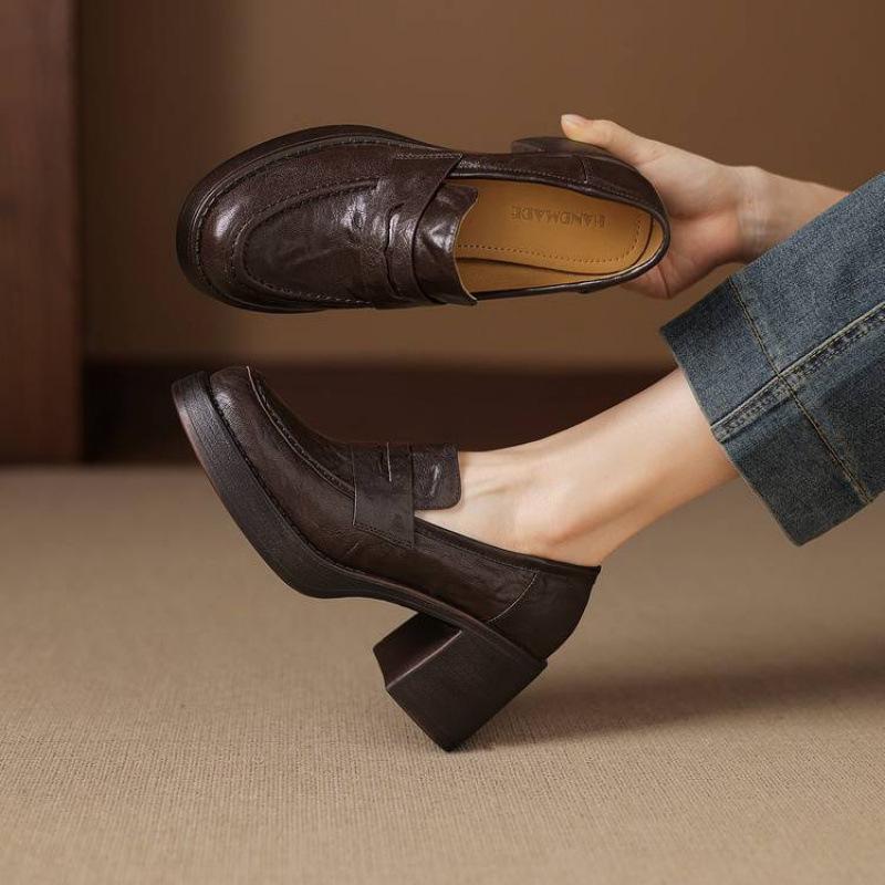 New high-heeled women's single shoes solid color sheepskin comfortable thick-soled non-slip low-top women's shoes large size four-season loafers