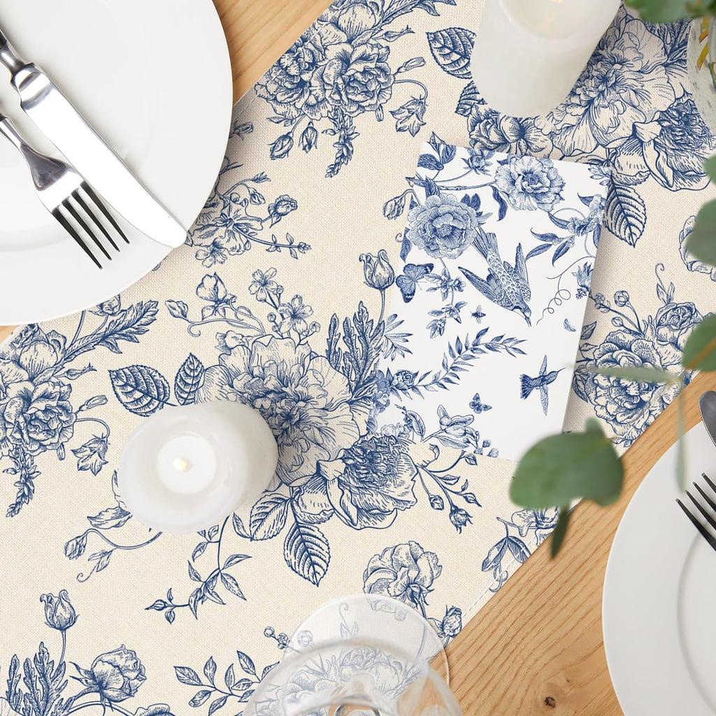 Chinoiserie Blue Flower Linen Table Runner Dresser Scarf Decor Reusable Kitchen Dining Table Runner Holiday Party Decorations