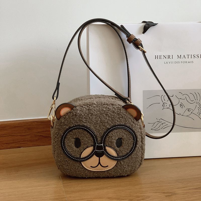 Korean Retro Cute Bear Crossbody Bag Women Brown Plush Small Capacity Mini Shoulder Bag Ladies Cartoon Round Versatile Purse New
