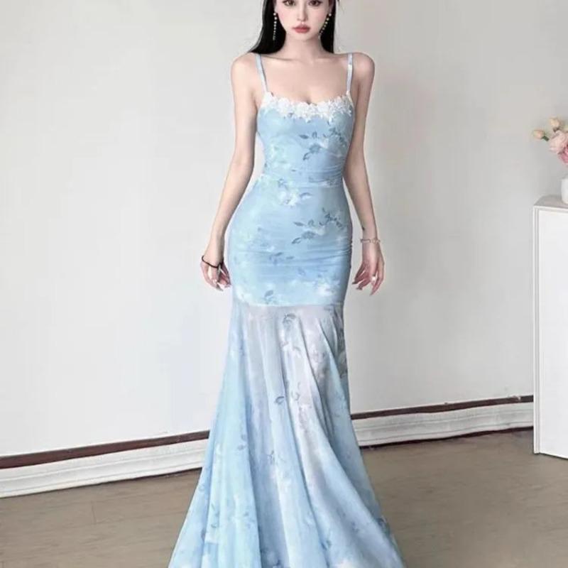 Women's Elegant Purple Watercolor Print Backless Bodycon Maxi Dress