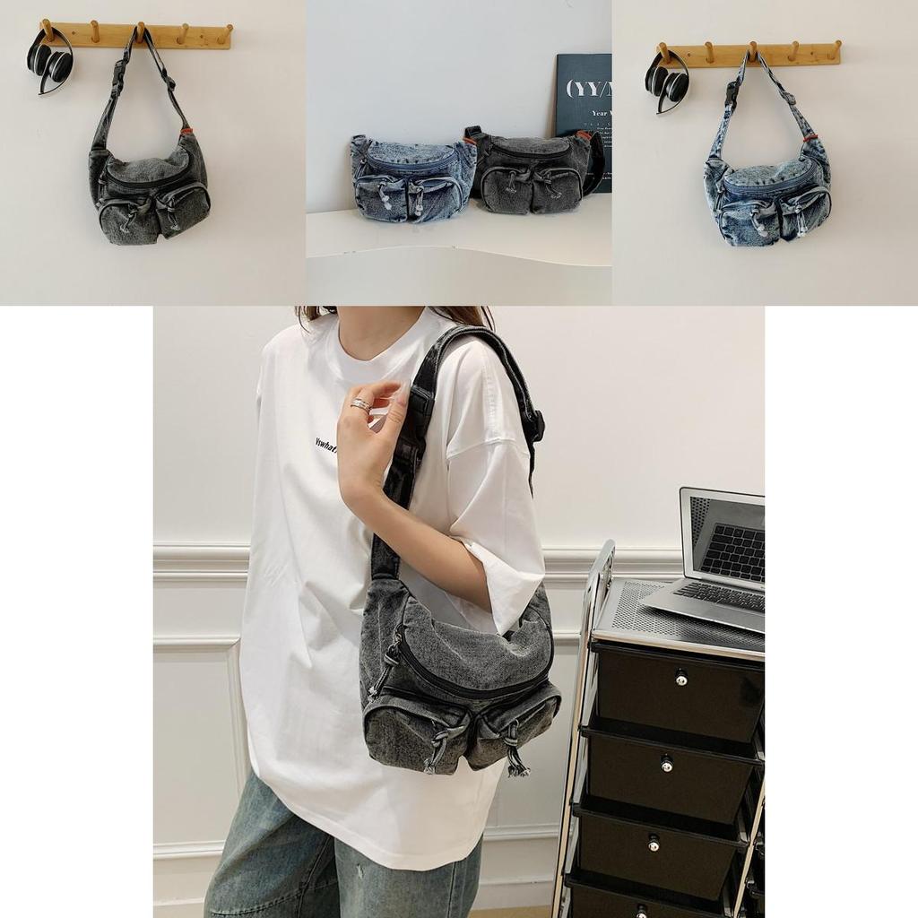 Street Style Denim Shoulder Bag With Multipocket Design For Outdoor Activities And Commuting