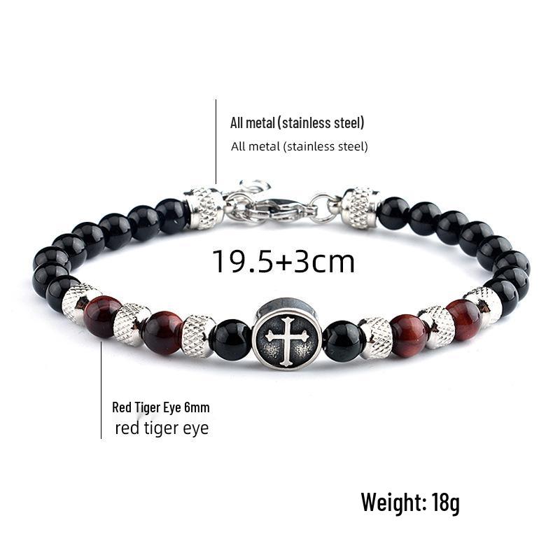 Men's 6mm Tiger Eye Beaded Bracelet with Stainless Steel Cross