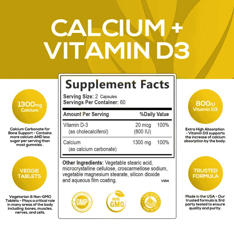 Coolkin - 1300mg Calcium + Vitamin D3 Capsules - For bone, teeth, and muscle health