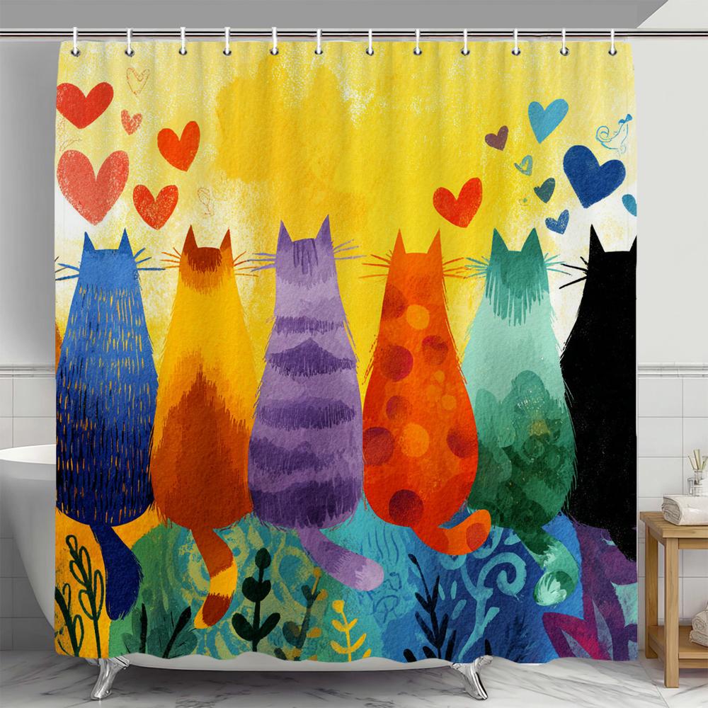 Watercolor Colorful Kitten Shower Curtain,Bathroom Decorative Shower Curtain, Printed Fabric Home Curtain With Hooks