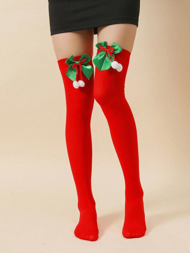 1 Paar Weihnachten Schleifensocken Kugel-Socken Overknee-Strümpfe Weihnachten Gestreifte Strümpfe, Partydekorationsstrümpfe