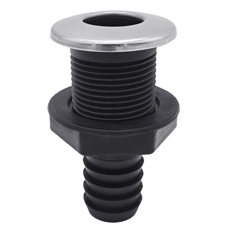 Marine Drain Fitting 1 Inch Boat Deck Drain Outlet with Straight Threaded Body, Nylon Construction and Stainless Steel Outer Trim for Hull Repair
