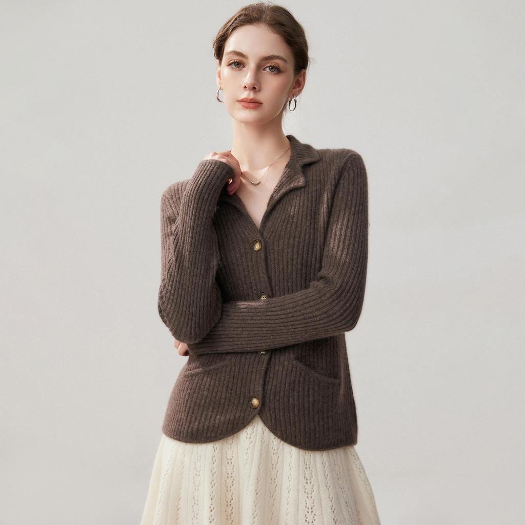 Women's Slim Fit Lapel Cashmere Cardigan - Autumn/Winter 2026 Striped Single-Breasted Elegant Base Layer