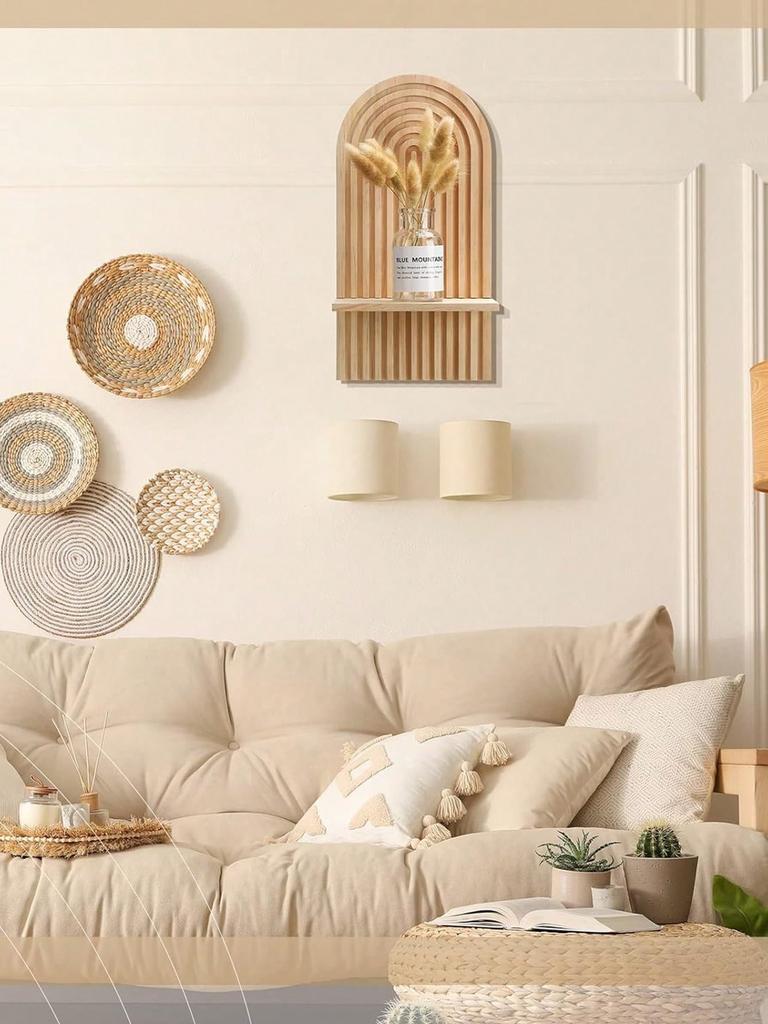 1/2pcs Wooden Wall-Mounted Decor Shelf, Bohemian Wall-Mounted Bookshelf, Boho Style Display Rack, Candle Holder For Living Room