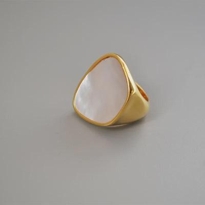 18K Gold-Plated Brass Ring with White Mother-of-Pearl and Heavy Trendy Design for Women