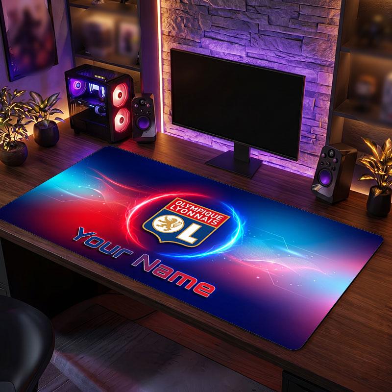 Lyon FC Custom Large Mouse Pad, Personalized Name Text Print, Football Logo Non‑Slip Desk Mat Gaming Gift