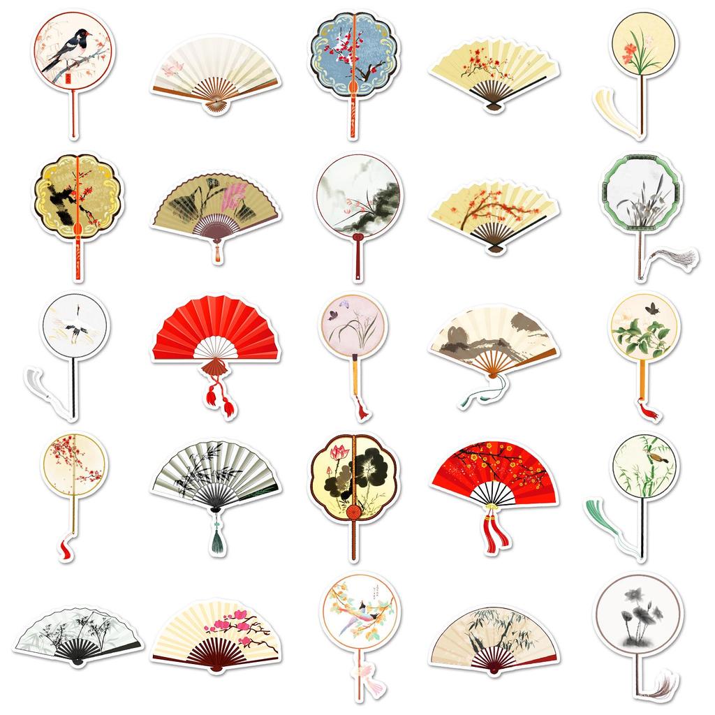 50 Chinese Style Round & Folding Fan Stickers: Creative DIY Graffiti Journal and Guka Milk Tea Cup Decor