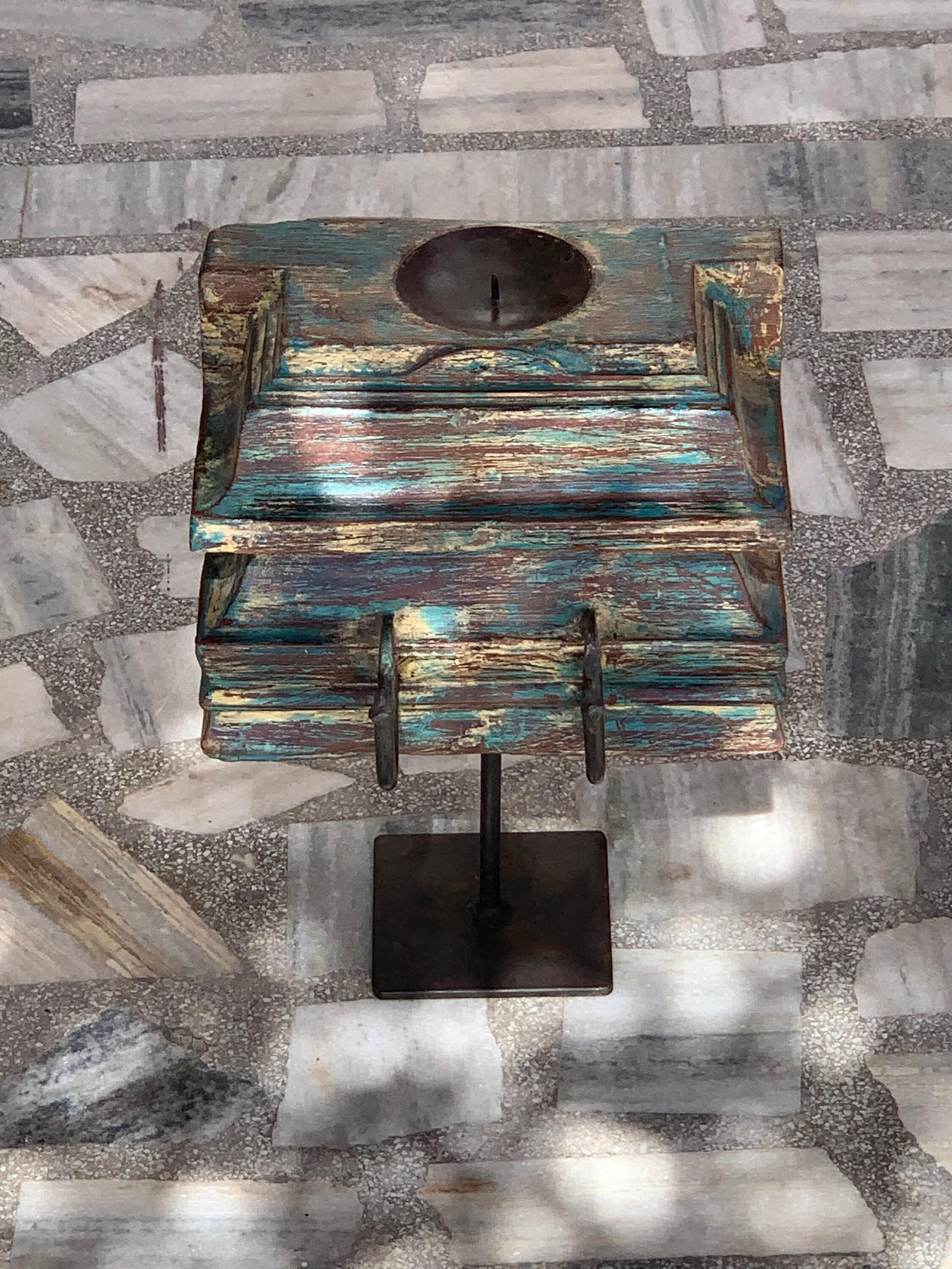 Antique Carved Wood Candle Stand: Rustic Indian Decor 16” X 8” X 24” (l x w x h) разноцветный