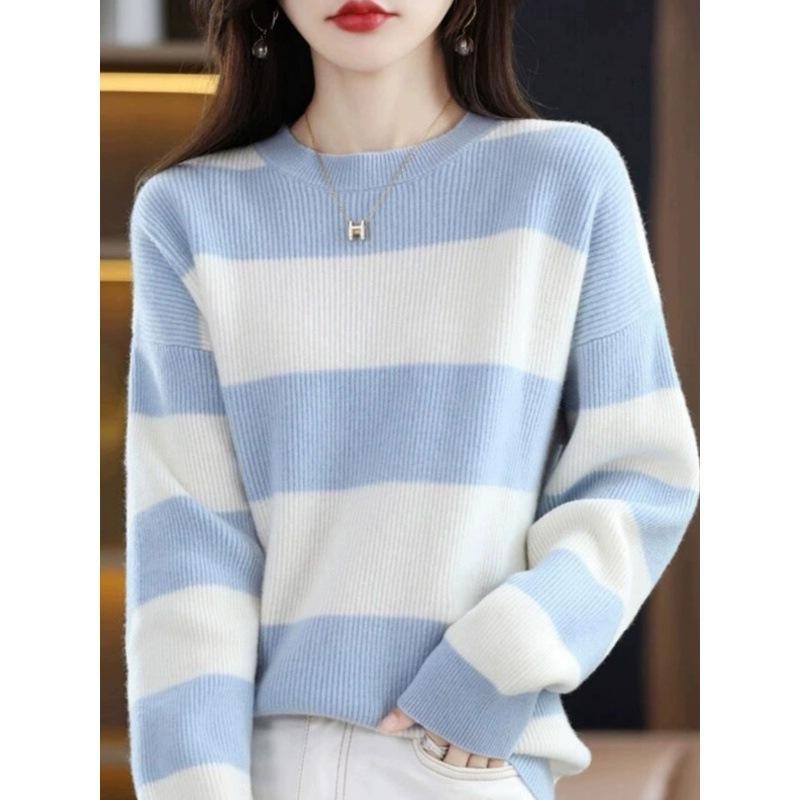 Black and White Striped Knitted Sweater for Women Autumn and Winter Round Neck Pullover Sweater